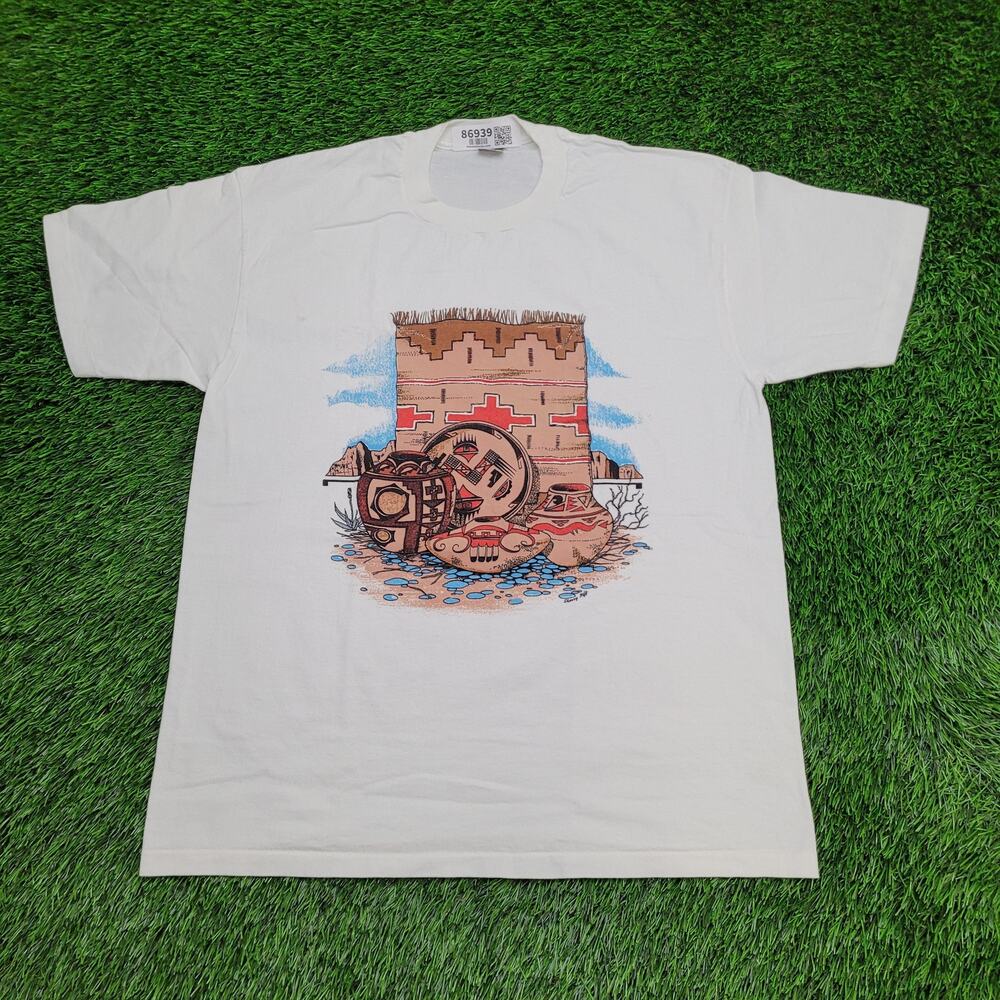 Vintage 80s Native-American Pottery Shirt Large 22x29 USA